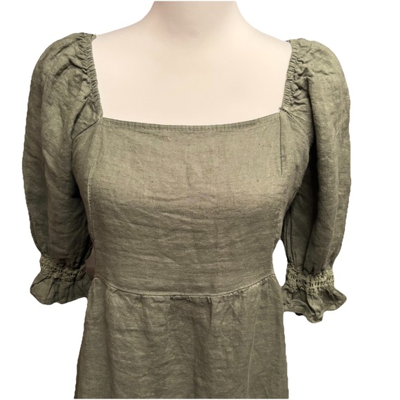 Valentina Naldi Dress Medium 100% Linen Green Peasant Puff Sleeve Milkmaid Italy - Picture 4 of 7